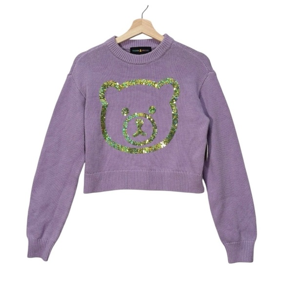 Teddy Fresh Sequin Bear Long sleeve Crew Neck Sweater Purple Size Small - Picture 1 of 8